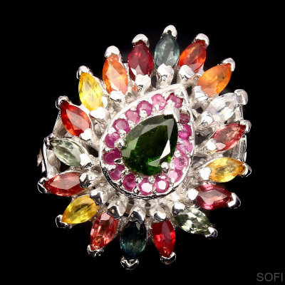 Серебряное кольцо с хром диопсидом, сапфиром и рубином арт. 23571