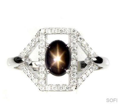Серебряное кольцо с натуральным звездчатым сапфиром арт. 26060