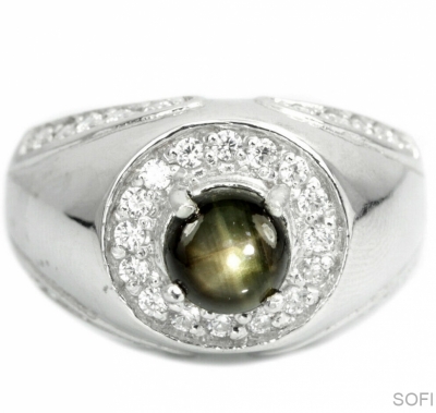 Серебряное кольцо с натуральным звездчатым сапфиром арт. 26833