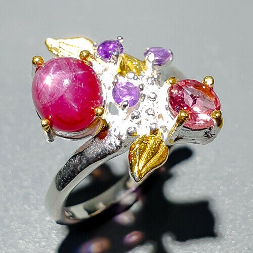 Серебряное кольцо с розовым звездчатым рубином арт 40344