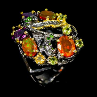 Серебряное кольцо с огненным опалом цитрином и родолитом натуральным арт 28563